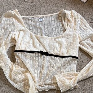 Urban Outfitters Kimchi Blue Cream Lace Sheer Long Sleeve Top with Black Bow